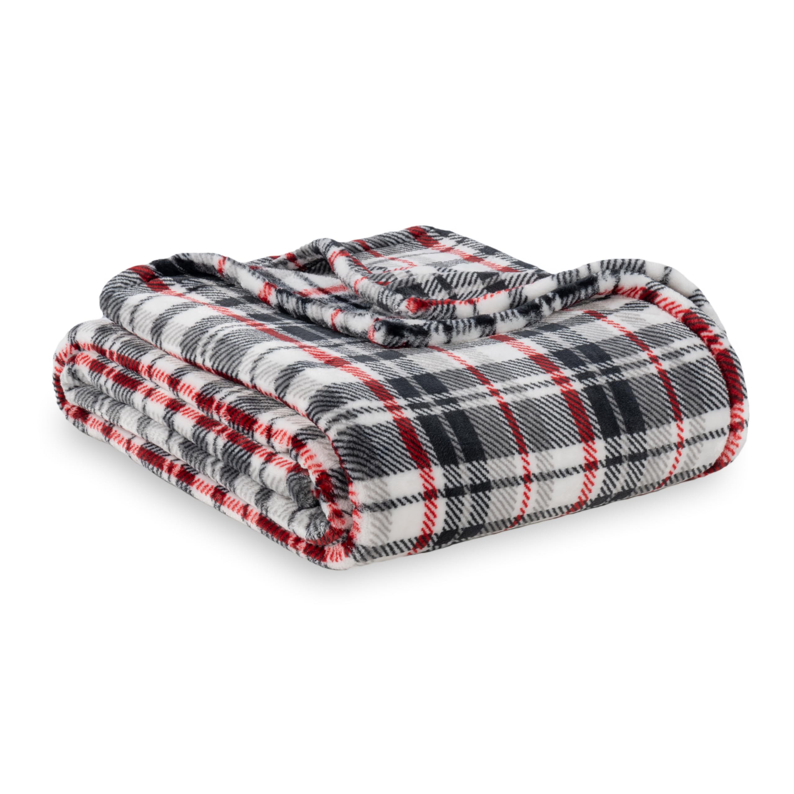 Photo 1 of Berkshire Blanket-Classic Heavyweight Soft Printed VelvetLoft® Plush Blanket, Full/Queen Size Soft Fuzzy Warm Blanket for Couch Sofa Bed, Plaid Black Red, 90in x 90in