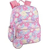 Jessica Simpson Women’s Designer Laptop Backpack with Side Pockets, Wallet | 2 Piece Backpack Change Purse Set for Women (Pink Flower Bloom)