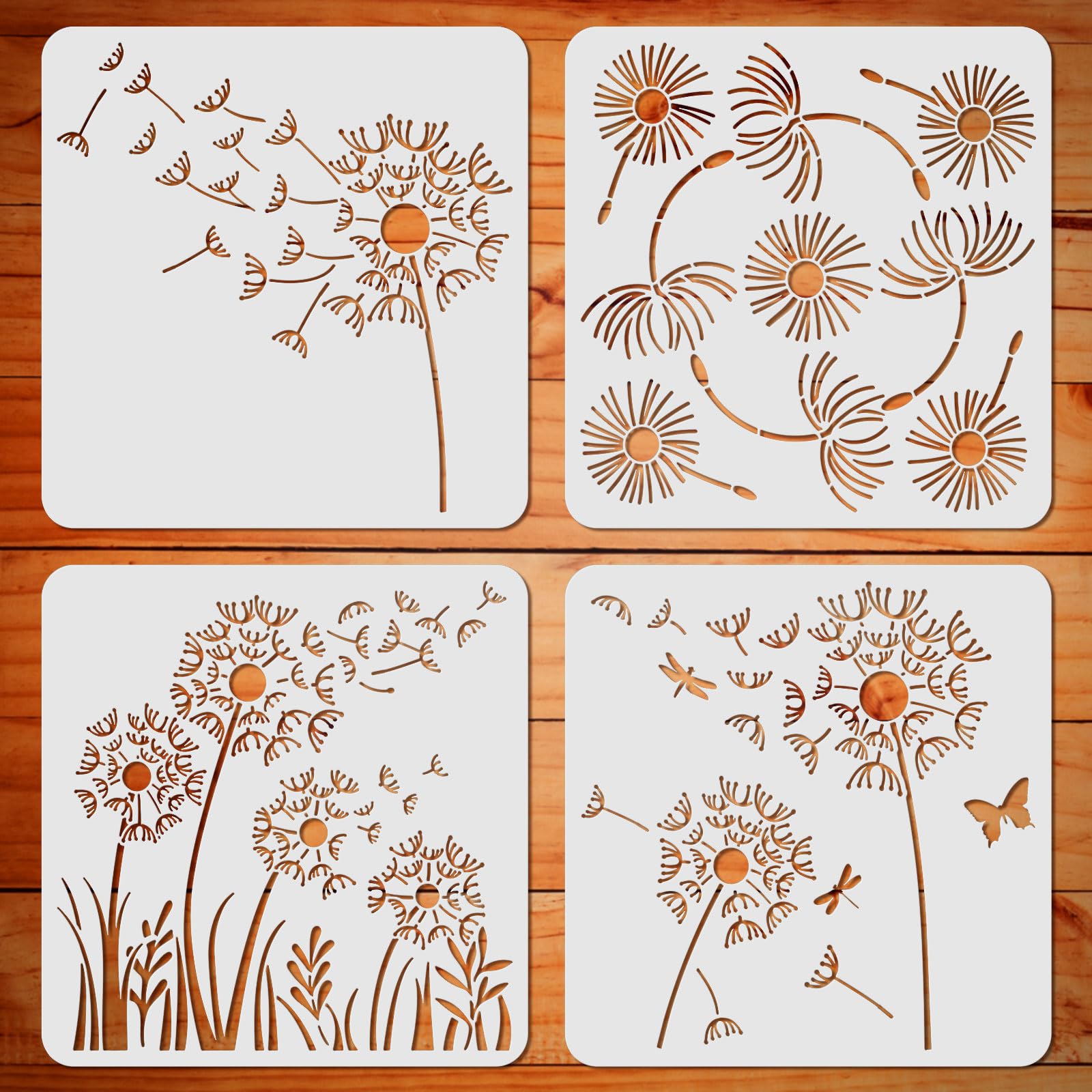 ORIGACH 4Pcs Dandelion Stencil PET Square Dandelion Wall Stencils with Different Patterns, for Painting on Wall, Wood, Canvas, Tile, Fabric, Home DIY Art Decoration (11.8 x 11.8 Inches)