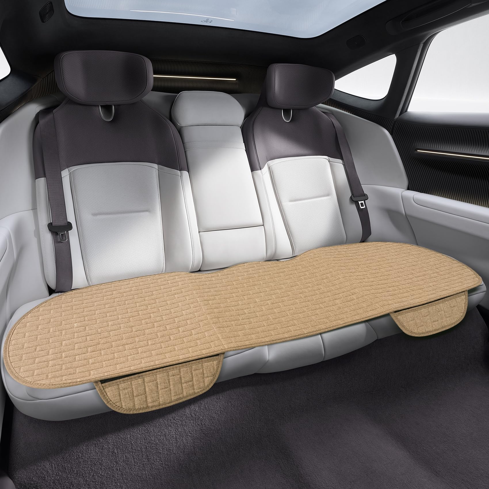 Photo 1 of Lyxheth Linen Back Car Seat Cover, Rear Seat Pad, Anti-Slip Long Bottom Rear Seat Cover Protector with Storage Pockets, Breathable Comfortable Rear Cushion Cover Universal for Cars (Beige, Back)