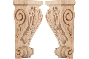 TCHOSUZ 5 inch-W 3 inch-D 9 inch-H Wood Carved Corbels, 2 -Pack Antique Traditional Unfinished Wooden Carving DIY Decorative Scrolled Millwork Brackets for Countertop Kitchen Fireplace Mantel