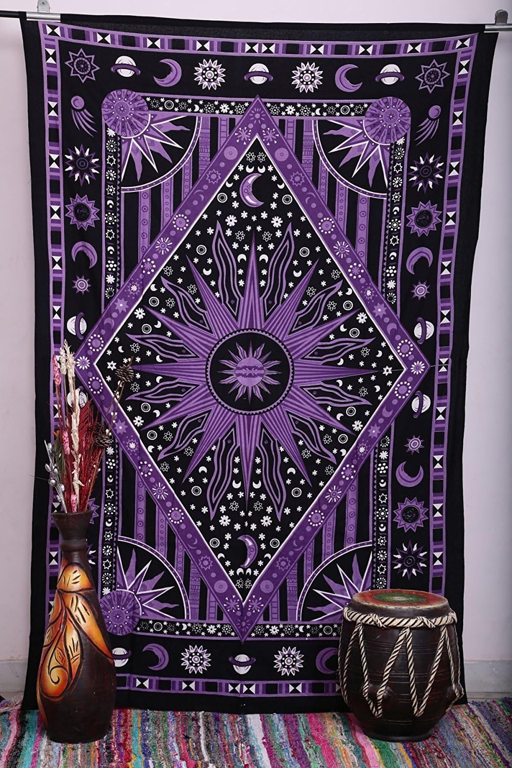 Tapestries - Popular Handicrafts Tapestry Wall Hanging Hippie Burning Sun & Moon Mandala Bohemian Hippy Intricate Indian Tapestries Bedspread 54 x 82 Inches (140cm x 210cm) Purple