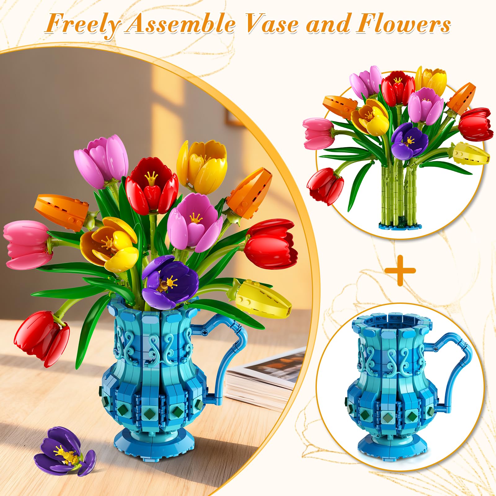 CUBIMANA Blumenstrauß Bausatz mit Vase, 768 Teile Tulpen Blumen Set für Erwachsene, Künstliche Botanicals Bonsai Bausteine für Home Deko, Valentinstag Geburtstag Geschenk für Frauen Mutter Mädchen 12+ 5