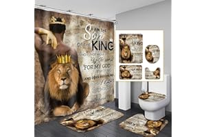 Omebero 4 Pcs Lion King Shower Curtain Set, Inspirational Quote Black Man Bathroom Decor Shower Curtains and Rugs Toilet Lid Cover Bath Mat, Waterproof Africa American Shower Curtain for Man