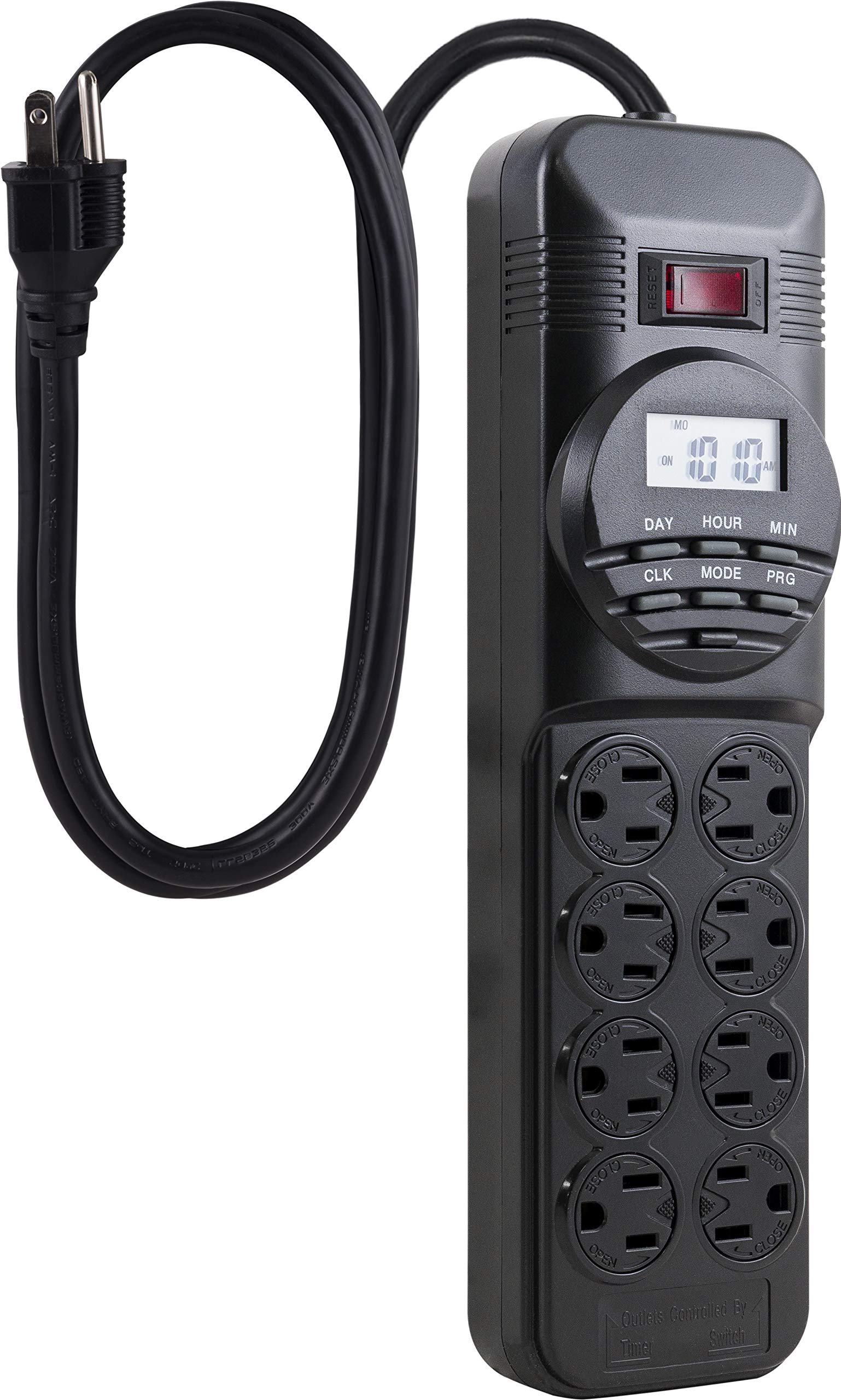 Photo 1 of GE 7-Day Programmable Power Strip with Digital Timer, 8 Grounded Outlets (4 Timed / 4 Always On), Indoor, 15 Amp, 1800W, Easy Presets and Custom Settings for Weekly Cycle, Minute Intervals, 15077 Black