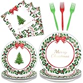 gisgfim 96 Pcs Christmas Paper Plates Napkins Party Supplies Holly Leaf Party Tableware Decorations Favors for Merry Christmas Birthday Serves 24