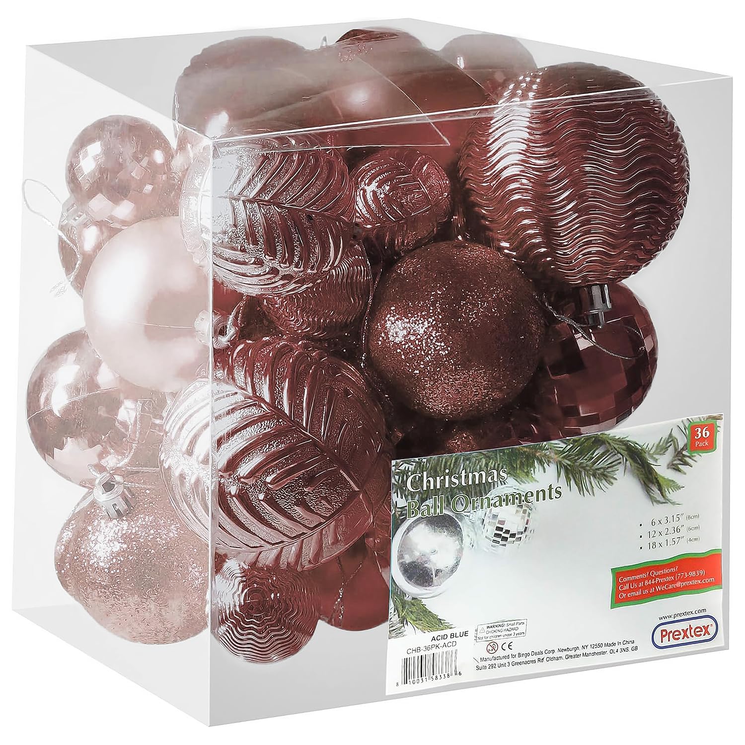 Prextex Rose Gold 36-Piece Shatterproof Christmas Ball Ornament The Perfect Glitter Balls, Christmas Tree Baubles Christmas Decorations, Exquisite Xmas Combo of 36 Christmas Balls and Shape Styles