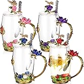Nuanchu 4 Sets Flower Glass Tea Cups with Lids and Spoon Butterfly Vintage Glass Coffee Mugs Floral Fancy Clear Teacup for Mother Day Women Mom Wife Girlfriend(Pink, Purple, Blue, Red,12 oz)