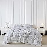 SUSYBAO Blue White Botanical Duvet Cover Queen 100% Cotton 3 Pcs Set 1 Decorative White Ruffle Duvet Cover with Zipper Ties 2 Pillow Shams French Style Blue Floral Bedding Set Soft