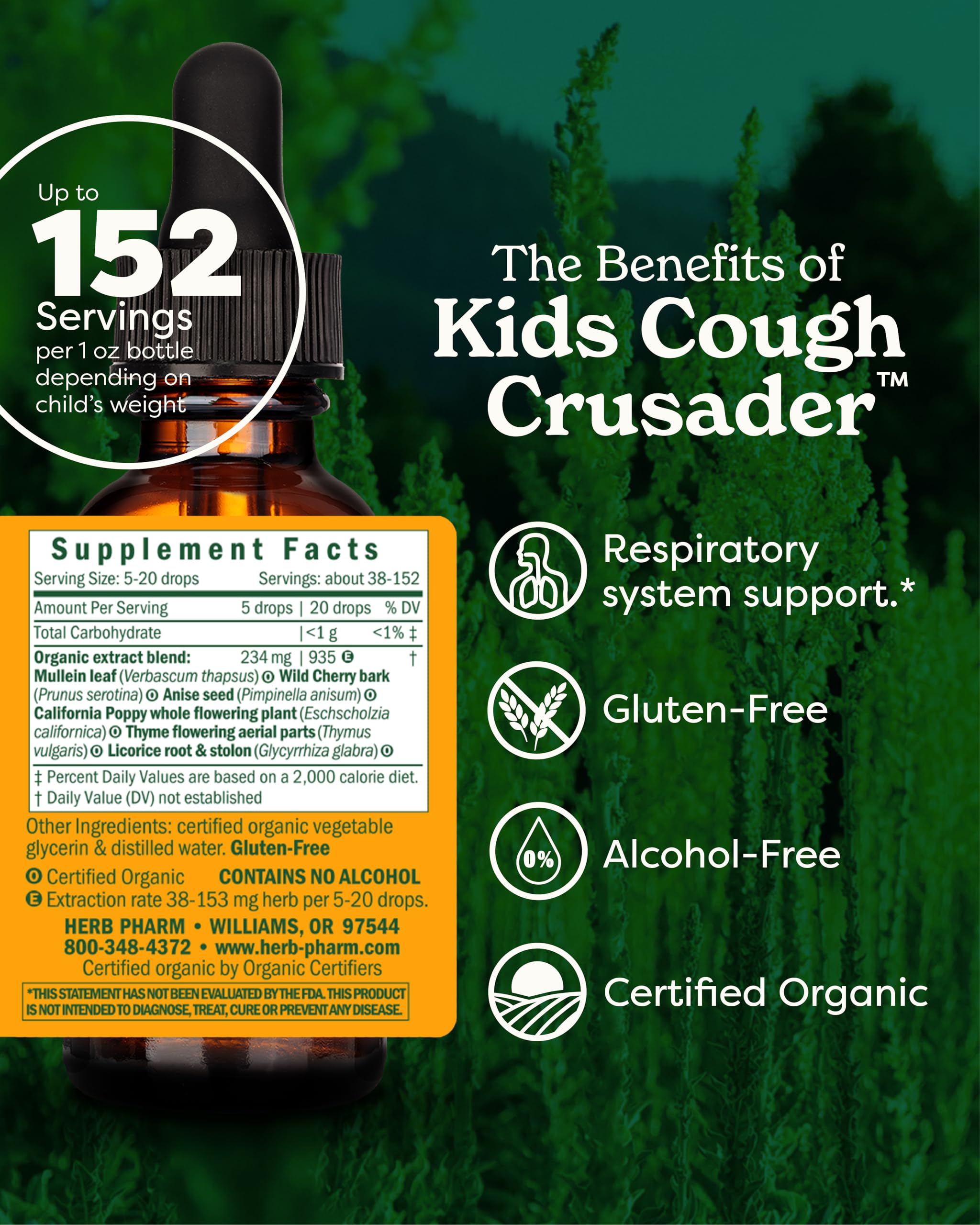 Herb Pharm Kids Certified-Organic Alcohol-Free Cough Crusader Liquid Herbal Formula, Wild Cherry, 1 Fl Oz