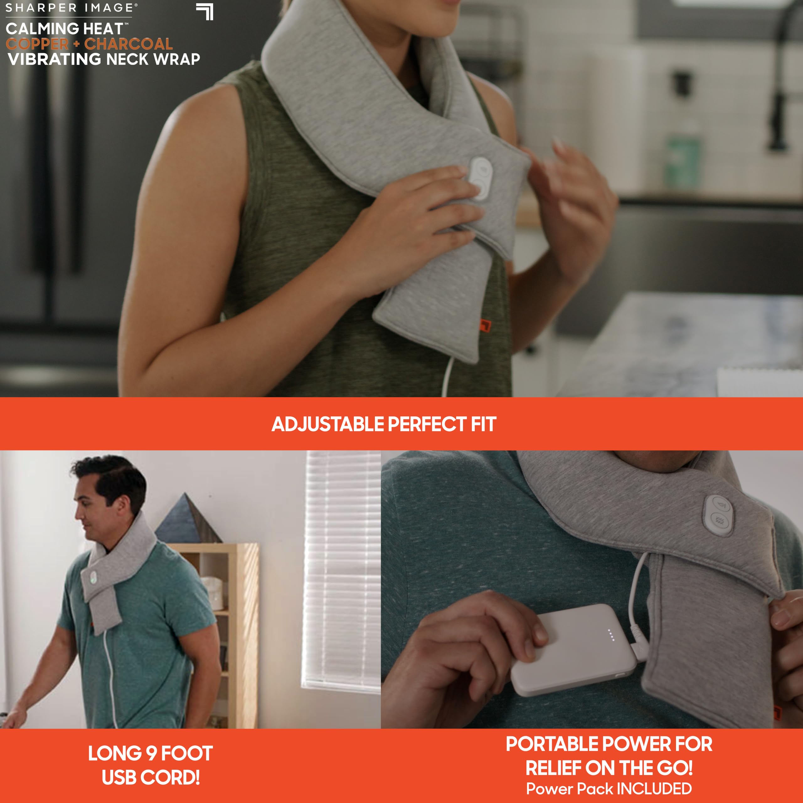 Calming Heat Neck Wrap Includes Portal Power Pack by Sharper Image Copper & Charcoal Infused Personal Electric Neck Heating Pad with Vibrations, 3 Heat & 3 Vibration Settings- 9 Relaxing Combinations
