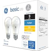 GE Basic LED Light Bulbs, 100 Watt, Daylight, A19 (2 Pack) | 100-watt replacement, 1600 lumens, bright daylight, living room, kitchen, bedroom, energy-efficient, standard A19 base
