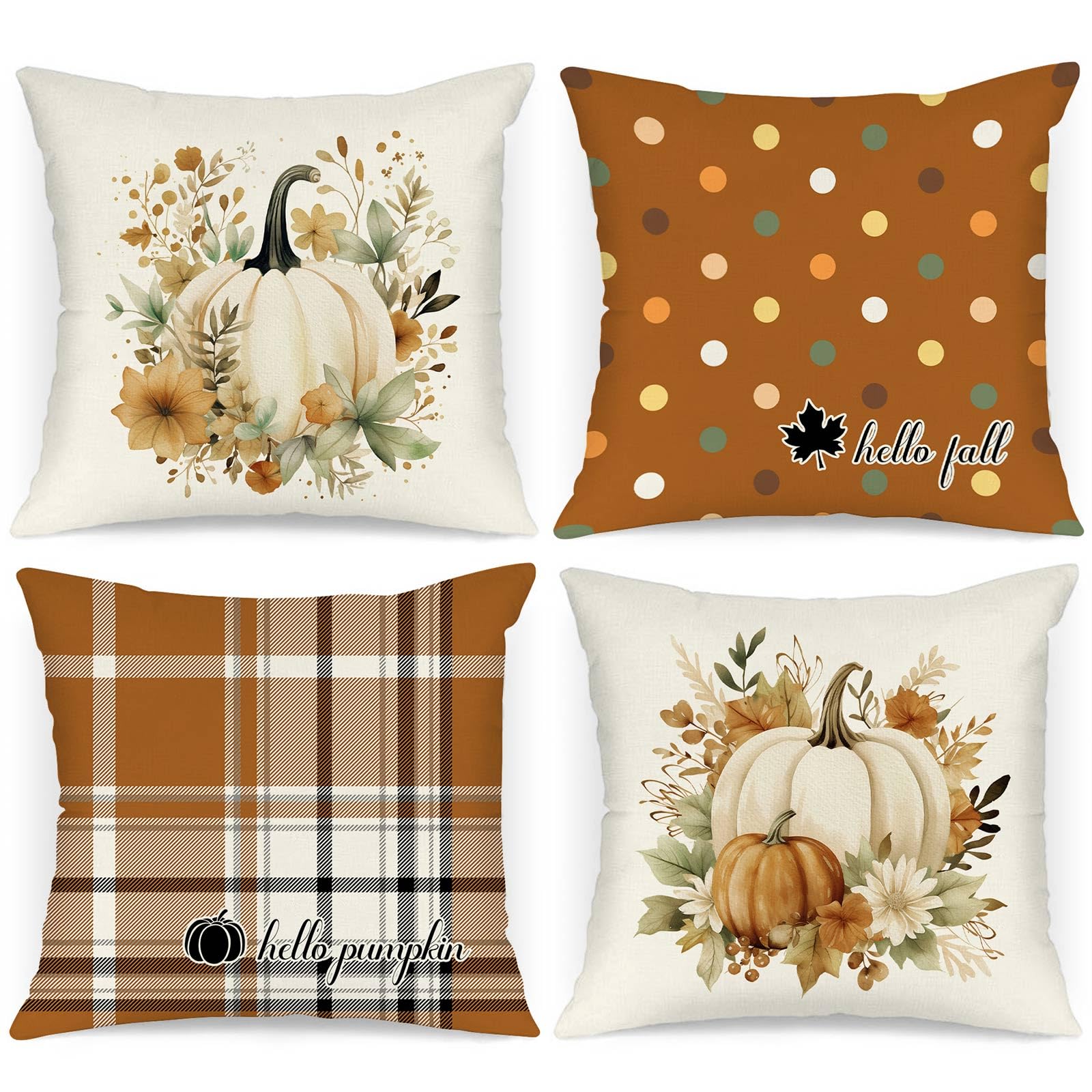 Photo 1 of Benjia Fall 22x22 Throw Pillow Covers Set of 4, Watercolor Pumpkin Brown Checkered Decorative Holiday Pillow Case 22 x 22 Autumn Cushion Covers Pillowcase for Indoor Home Bedroom Couch Sofa Decor