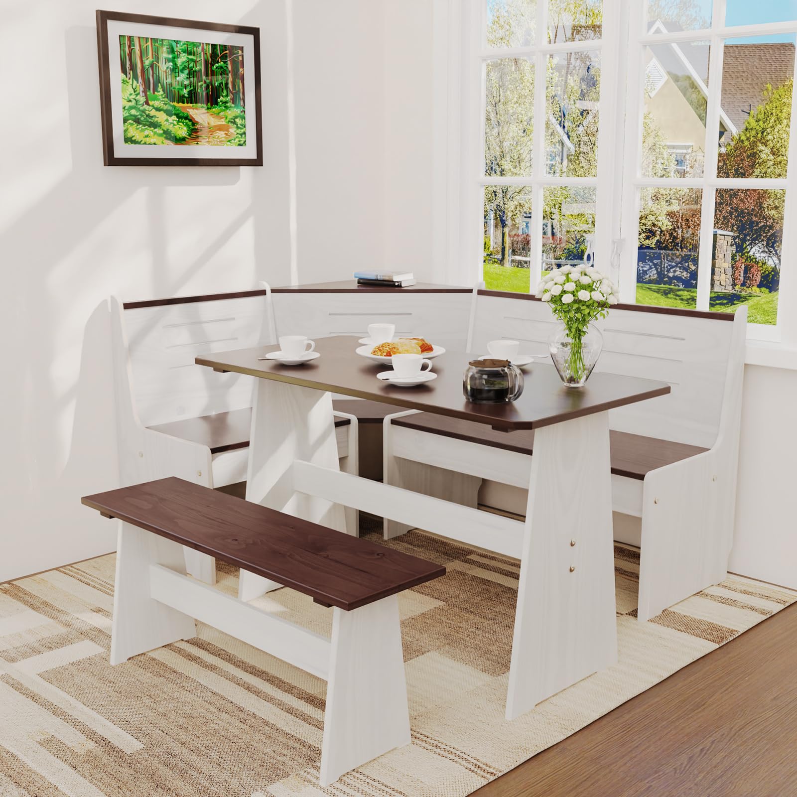 Photo 1 of **** MINOR SCRATCHES ***Gracava Breakfast Nook Table Set for Kitchen - Bench Seating for Dining Room with Space Saving Solid Wood L Shaped Corner Dining Table Set Apartment for 4 to 6 People - White Brown
