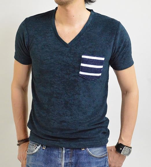 Amazon 品 パイル地 Tシャツ Vネック カットソー 半袖 メンズ L 86 ネイビー ボーダーネイビー Tシャツ カットソー 通販