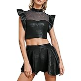 ODASDO Women Two Piece Dance Outfit Shiny Metallic Dancewear Flutter Sleeve Crop Tops + Skirted Shorts Set