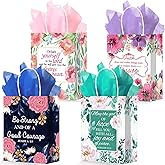 24 Pcs Religious Gift Bags Bible Gift Paper Bags with 24 Tissues Bible Verse Paper Bags with Handles Inspirational Flower Christian Gift Bags Bulk for Women Birthday Wedding Baptism Spring Party Favor