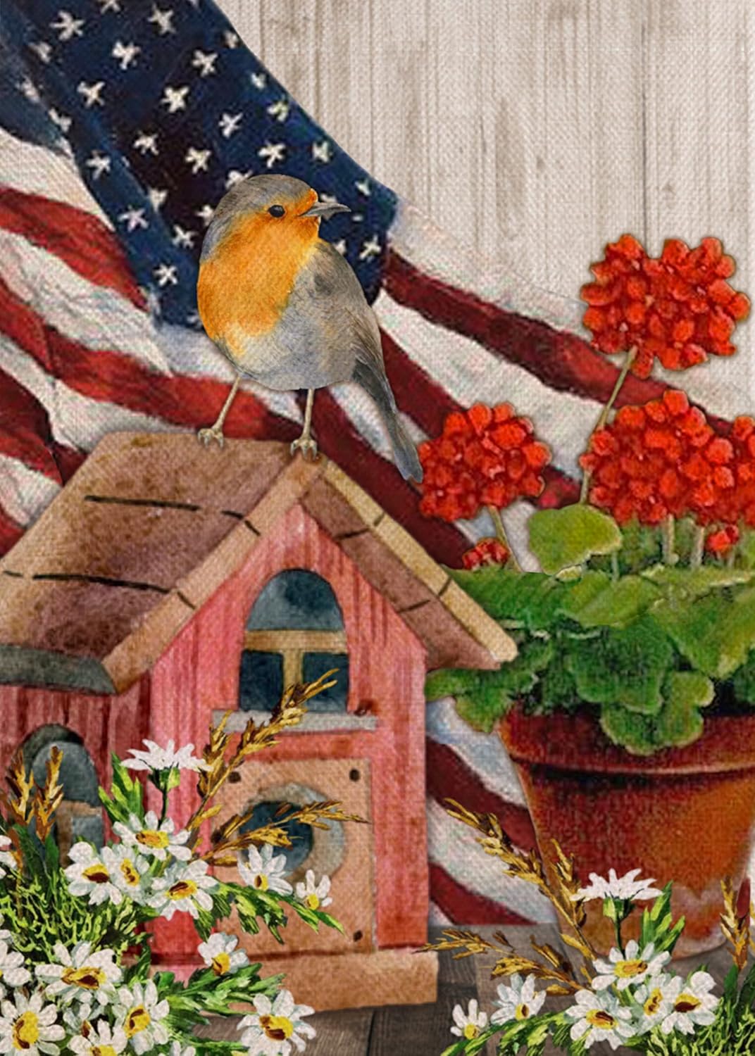 Covido Home Decorative Summer Garden Flag, Geranium Daisy American House Yard Flower Decor Bird Nest Outside Watercolor Decoration, USA July 4th Patriotic Outdoor Small Burlap Flag Double Sided 12x18