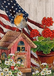 Covido Home Decorative Summer Garden Flag, Geranium Daisy American House Yard Flower Decor Bird Nest Outside Watercolor Decoration, USA July 4th Patriotic Outdoor Small Burlap Flag Double Sided 12x18