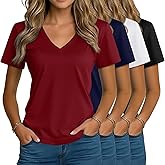 Riyiper 4 Pack Women's V Neck T Shirts, X-Large Cotton Short Sleeve Curved Hem Tunic Tops Loose Fit Summer Casual Basic Tee