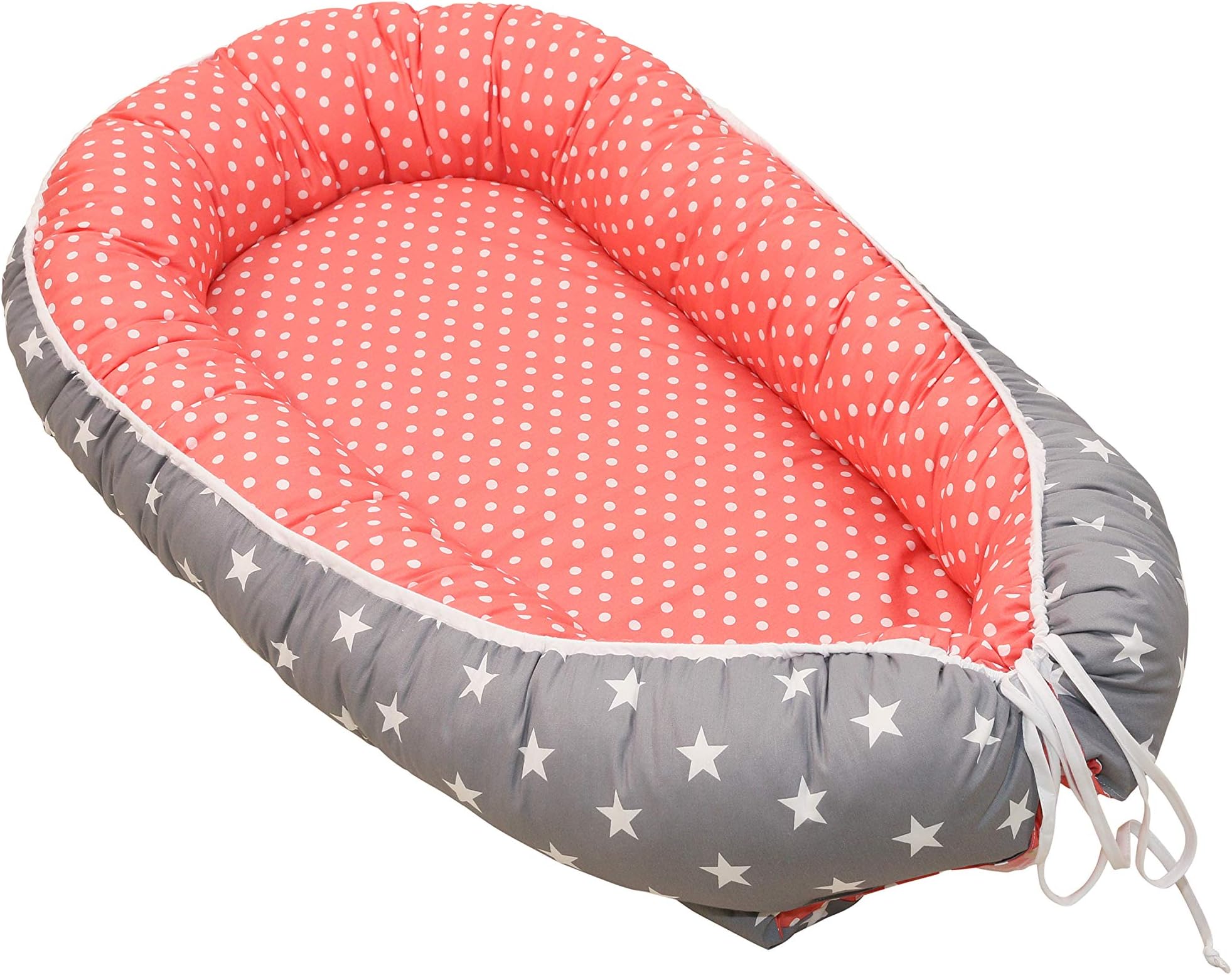 Soft Cotton Baby Lounger by ULLENBOOM | Stars/Polka Dots | Newborn Snuggle Nest | 22” x 37” - Unisex Coral Grey