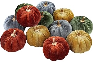 Winlyn 12 Pcs Assorted Small Faux Harvest Velvet Pumpkins Decorative Rust Olive Gold Gray Fabric Foam Pumpkins 3" for Fall Wedding Thanksgiving Halloween Table Centerpiece Farmhouse Decor