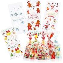Aniyoo 150pcs Christmas Cellophane Bags 5 Styles Christmas Elements Cello Treat Bags With 180 Pieces Twisted Ties For Candy Cookie Goodies Gift Wrap Xmas Party Supplies