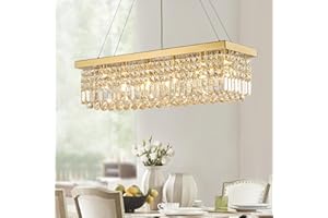 Siljoy 6-Light Modern Crystal Chandelier Rectangular Gold K9 Crystal Raindrop Chandelier for Dining Room, Luxury Adjustable Ceiling Pendant Light for Living Room Kitchen Island L31.5'' x W10'' x H10''