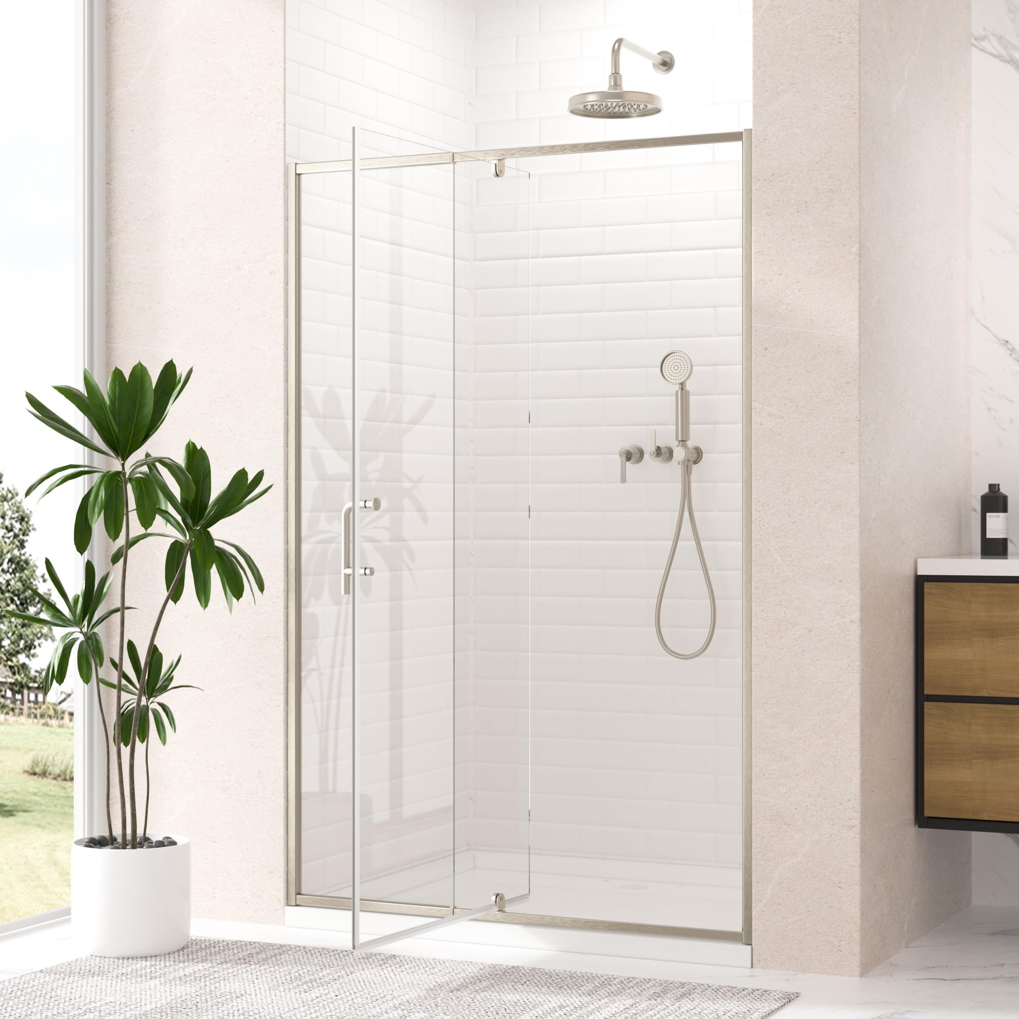 Photo 1 of Keonjinn Pivot Shower Door, 44-48" W x 72" H Semi-Frameless Glass Shower Door, 1/4"(6mm) Clear SGCC & ASNI Tempered Glass, Explosion-Proof Film & Nano Coating, Stainless Steel Handle, Brushed Nickel