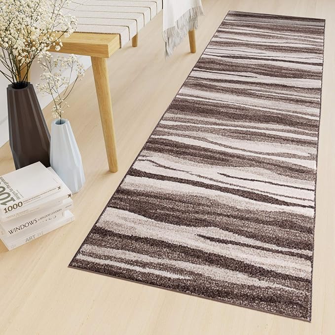 Tapiso Sari Teppich Läufer Meterware Wohnzimmer Schlafzimmer Küche Flur Brücke nach Maß Braun Beige Vintage Streifen Verwischt ÖKOTEX 80 x 500 cm