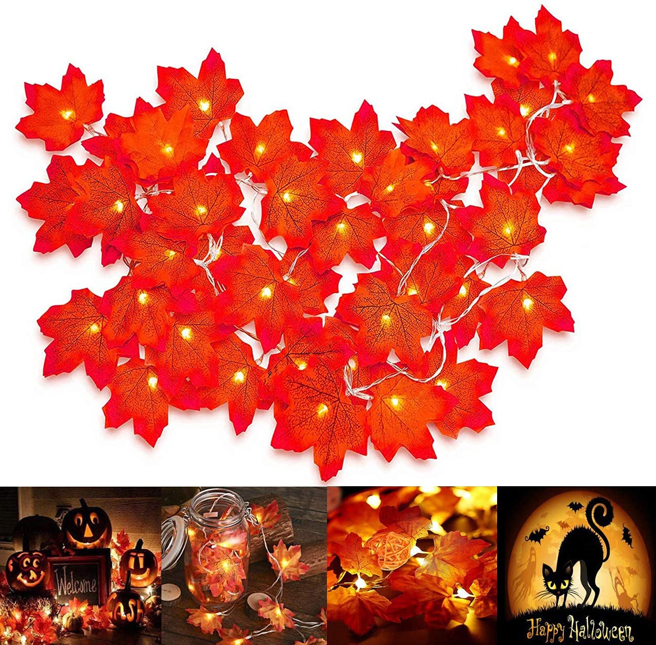 Maple Leaf Lights, Xndryan 4M 40 LED Maple Leaves Fairy Lights Autumn Decorations Outdoor Fall Halloween Decor Garland with Lights Battery Powered Maple Leaves String Lights