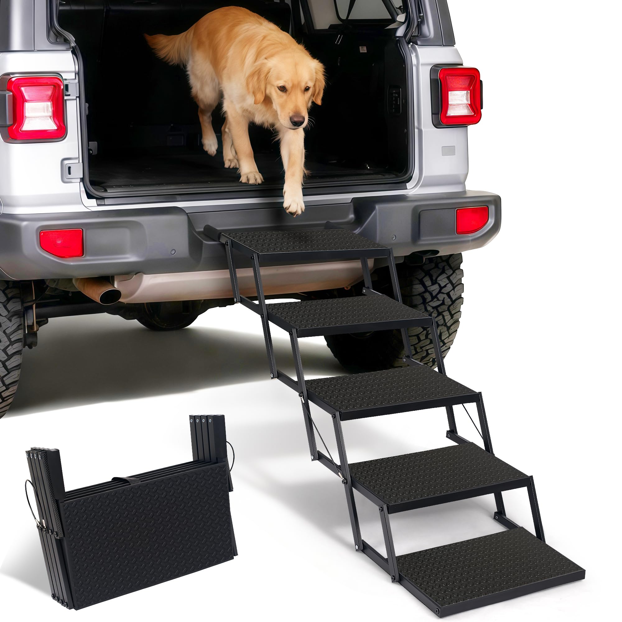 Photo 1 of Foldable Dog Car Steps - Upgraded Non-Slip Pet Stairs for Large Dogs, Portable Metal Frame Dog Ramps for High SUV, Truck and Cars, Lightweight Pet Ladder with High Load-Bearing Capacity?Up to 350Lbs