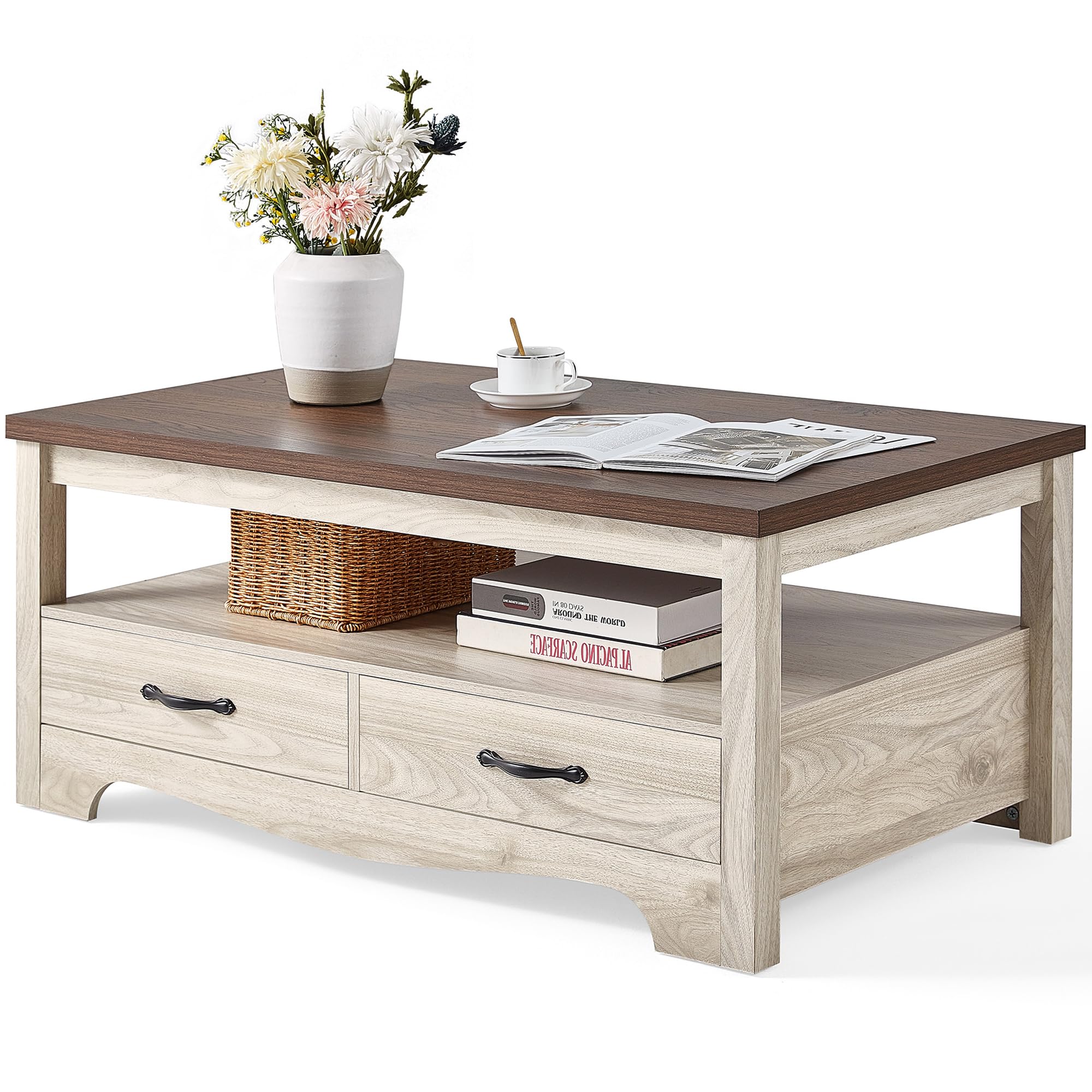 Photo 1 of **MAJOR DAMAGED/check clerk comments**
LINSY HOME Farmhouse Coffee Table with Storage, Wood Coffee Table for Living Room, Open Display Area and Storage Drawers with Metal Handles, Chic Style with Curved Base, Beige