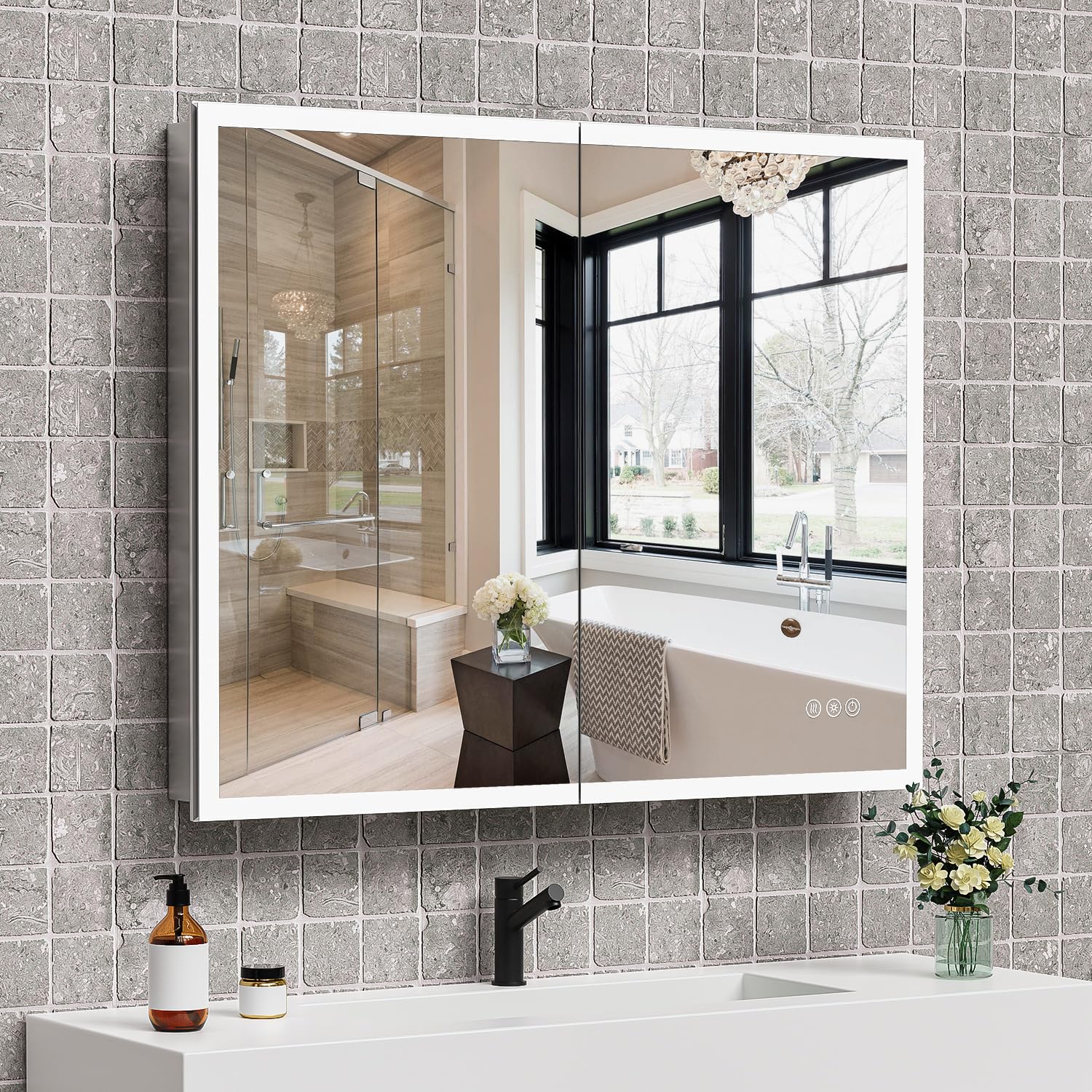 Photo 1 of 40" x 32" LED Medicine Cabinet with Mirror and Lights, Recessed or Surface Bathroom Mirror Cabinet with 3-Color Lights, Stepless Dimming, Lighted Medicine Cabinet with Defogger, 2 Outlets & USB Ports