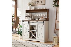 Wnutrees Farmhouse Coffee Bar Cabinet with Charging Station and USB Ports,Sliding Barn Door,43" Kitchen Hutch Sideboard Buffet Storage Cabinet,Fits Kitchen Dining Living Room, Antique White