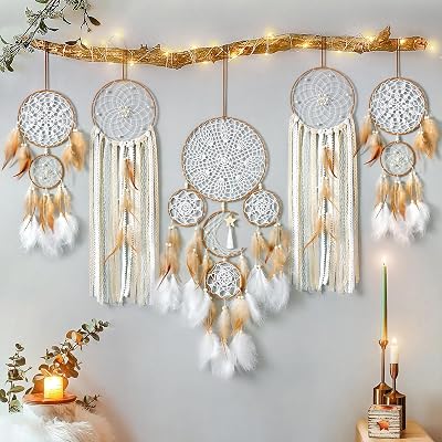 LOMOHOO Dream Catcher Set of 5 Boho Macrame Wall Hangings - Moon & Sun