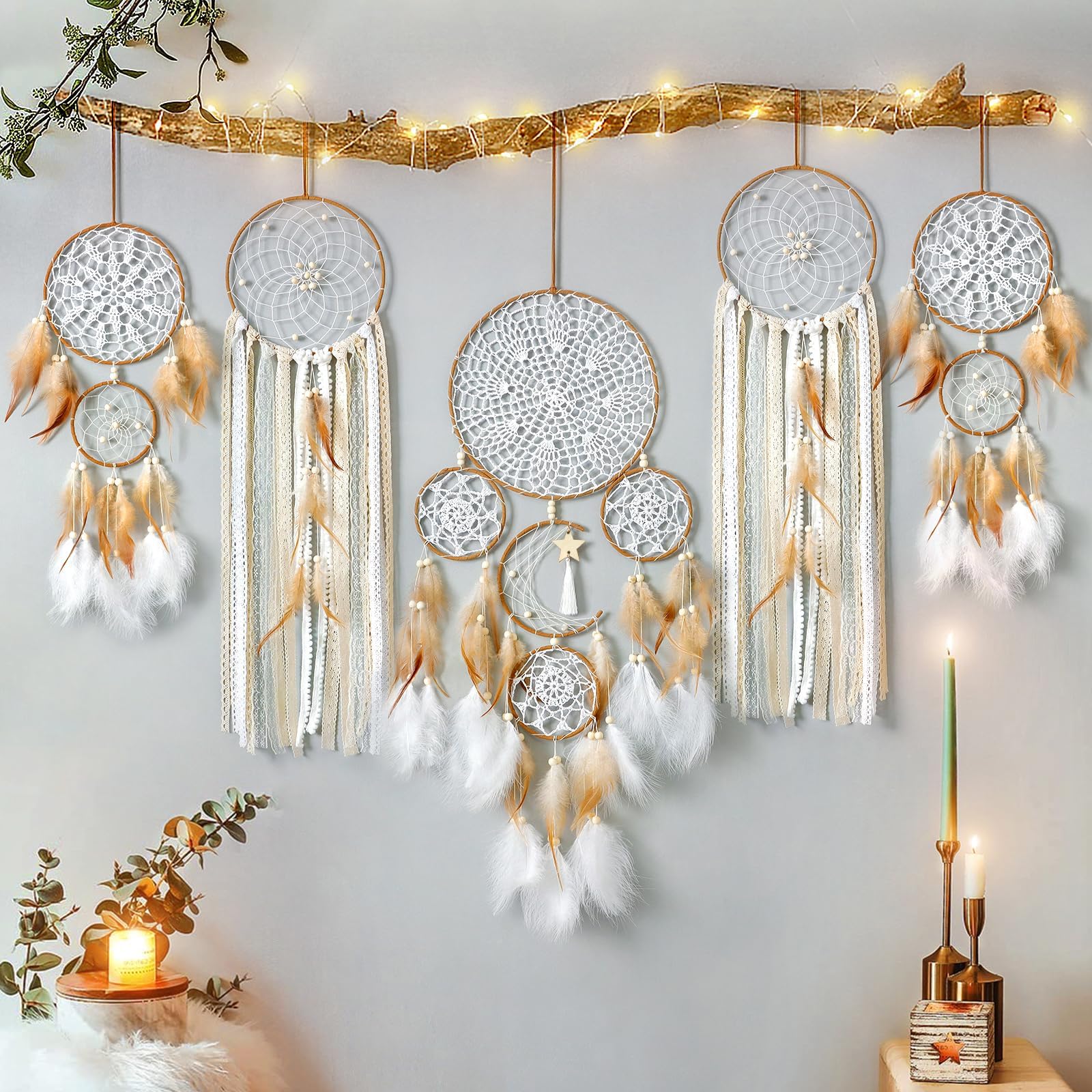 LOMOHOO Dream Catcher Set of 5 Moon and Sun Design Boho Macrame Woven Wall Hanging Room Decor, Handmade Feathers Dream Catchers for Boys Girls Bedroom Home Decoration, Brown