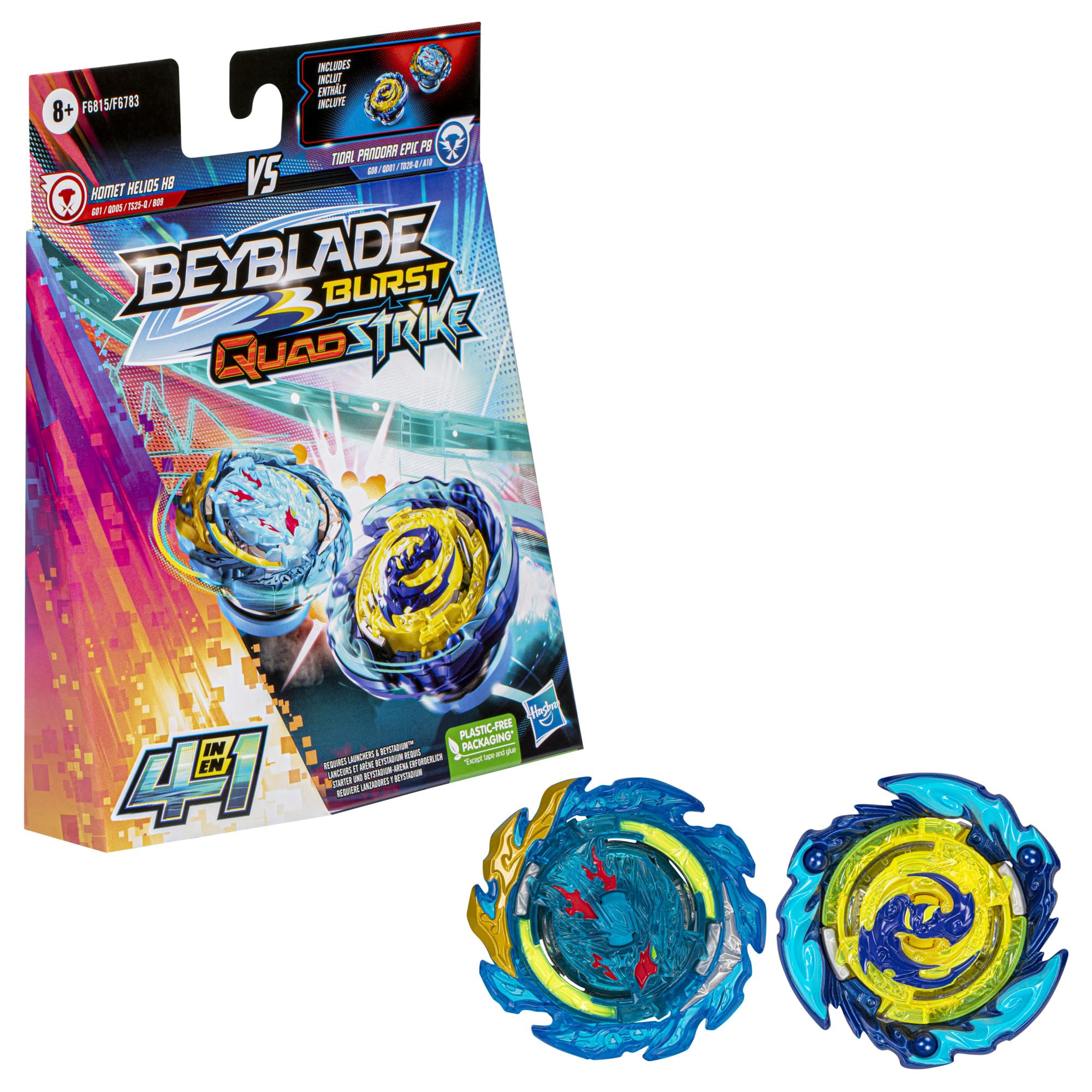 Beyblade Burst QuadStrike Comet Helios H8 and Tidal Pandora Epic P8 Spinning Top Twin Pack, Battle Spinning Top Toy