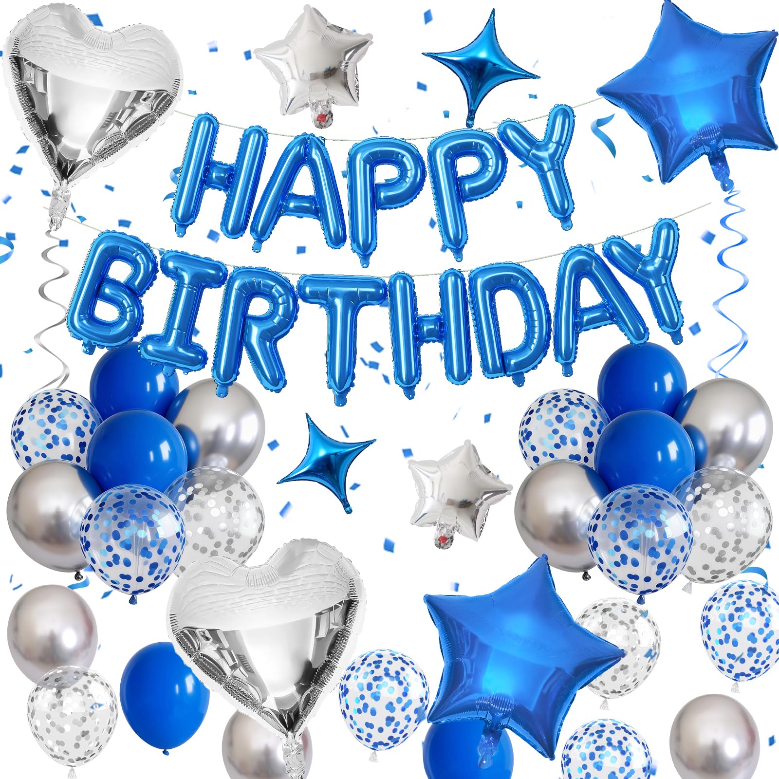 Froova Blue Silver Birthday Decorations for Boys Dark Royal Navy Blue Metallic Silver Confetti Balloon Happy Birthday Banner 18/10 Inch Heart Foil Balloons Star Balloon for Men Bday Party Supplies