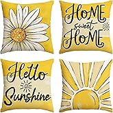 AVOIN colorlife Home Sweet Home Daisy Throw Pillow Covers, 18 x 18 Inch Spring Summer Flowers Hello Sunshine Cushion Case for Home Sofa Couch Set of 4