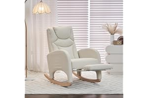Wrofly Nursery Rocking Chair with Foot Rest, Modern Upholstered Glider Chair with High Back Pocket, Comfy Accent Rocker Armchair Lounge Reading Chair for Living Room Bedroom, Beige Linen