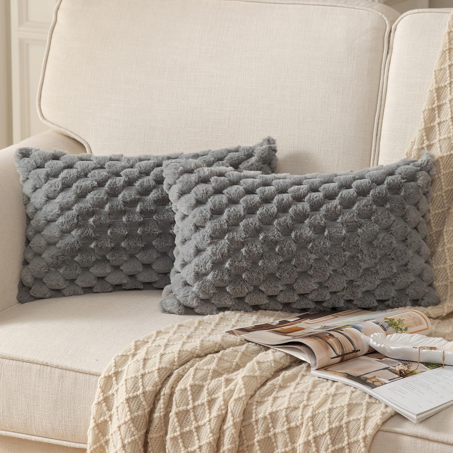 Mandioo Pack of 2 Grey Super Soft Plush Decorative Cushion Covers 12x20 inch 30x50 cm Wool Velvet Throw Pillow Covers cases Faux Fur fluffy Couch Sofa Bed Livingroom