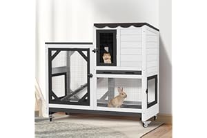 GUTINNEEN Duplex Rabbit Hutch Indoor with Chew-Proof Frame & 2 Leak-Proof Sliding Trays, Rain Cover, Wooden Guinea Pig Cages with Wheels - Black and White