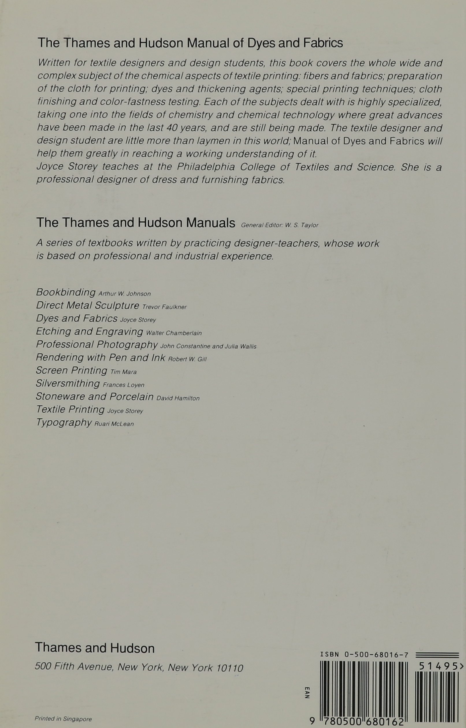 The Thames and Hudson Manual of Dyes and Fabrics (Thames & Hudson Manuals):  Joyce Storey: 9780500680162: Amazon.com: Books