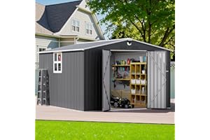 BENASS 10x12 FT Outdoor Storage Shed, Metal Garden Shed - Tool Storage Sheds with Lockable Doors & 1 Clear Window, Waterproof Outside Storage Building for Backyard, Patio (Black; Floor Not Included)