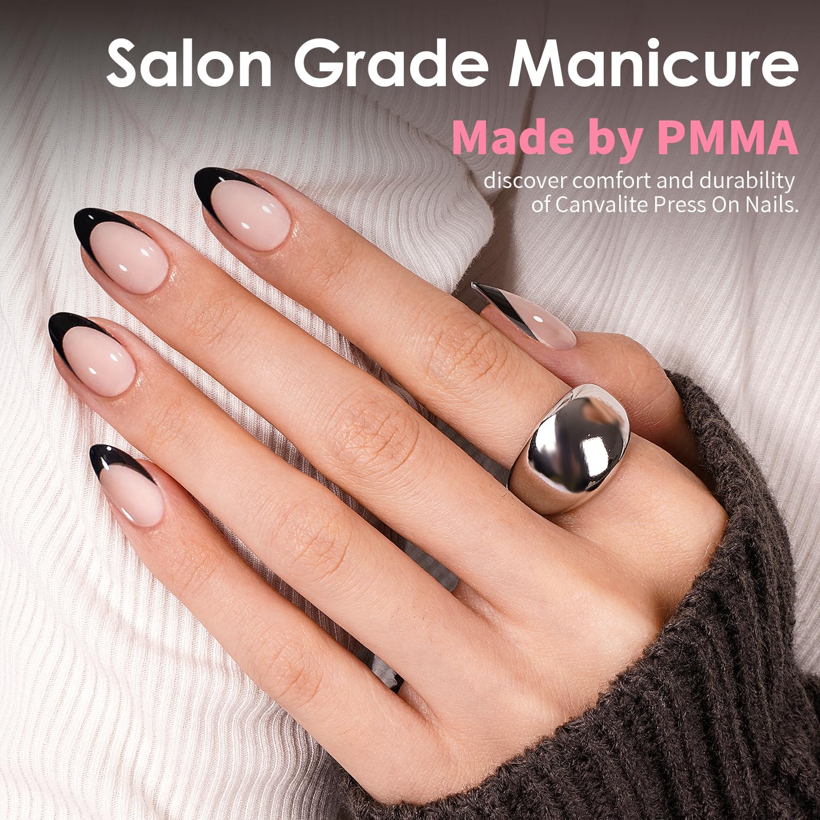 Canvalite French Tip Press On Nails, 30Pcs Short Almond Press on Nails Reusable Acrylic Fake Nails with Glue & Glue Remover Easy to Use Manicure Kit for Women, Black - Image 8