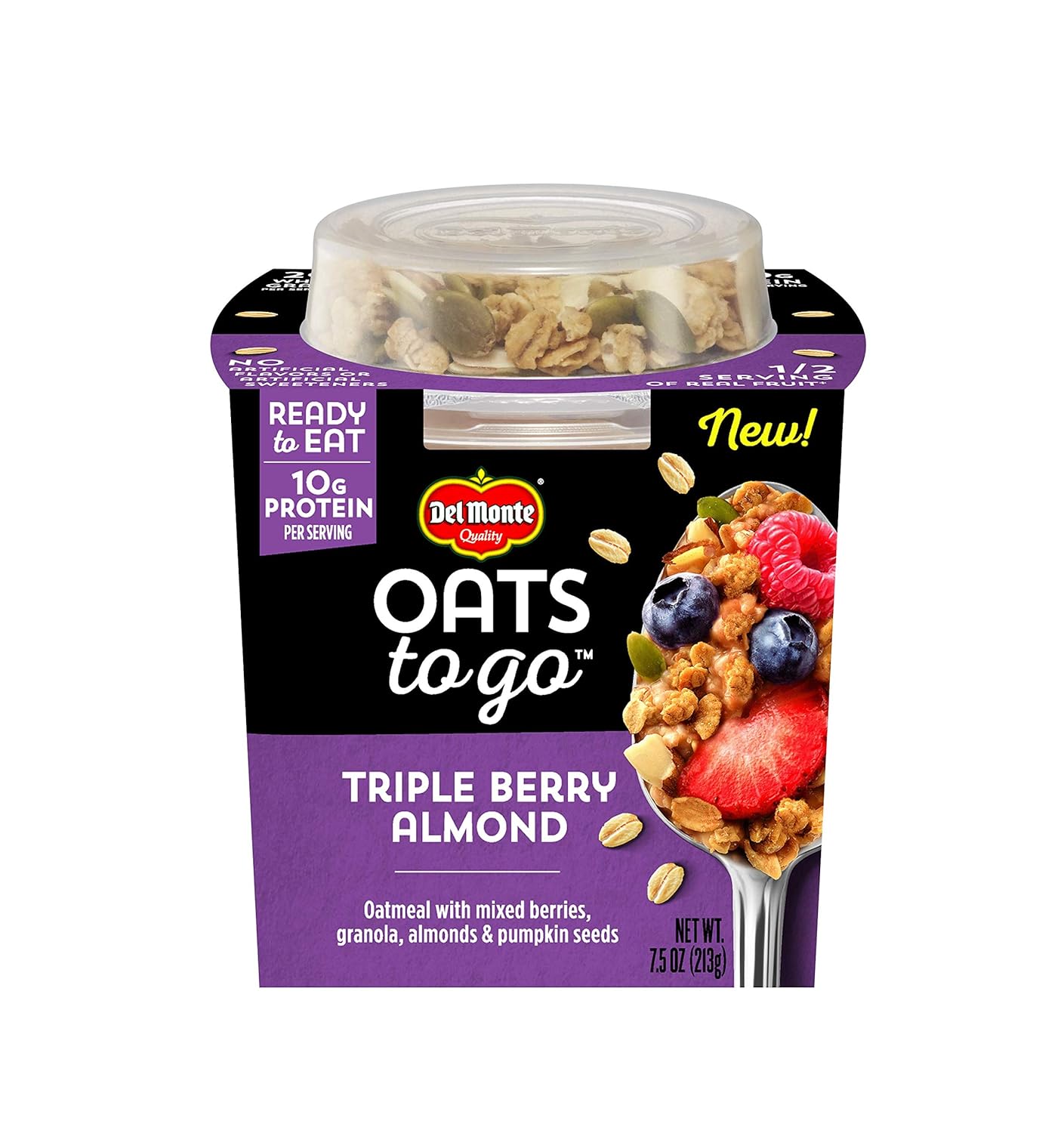 Del Monte Oats To Go Ready To Eat Oatmeal, Triple Berry Almond, 7.5 Oz Cup, 6 Pack