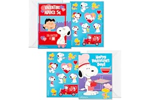 Hallmark Peanuts Valentines Day Cards and Stickers for Kids School, Snoopy and Lucy (24 Classroom Valentines with Envelopes)