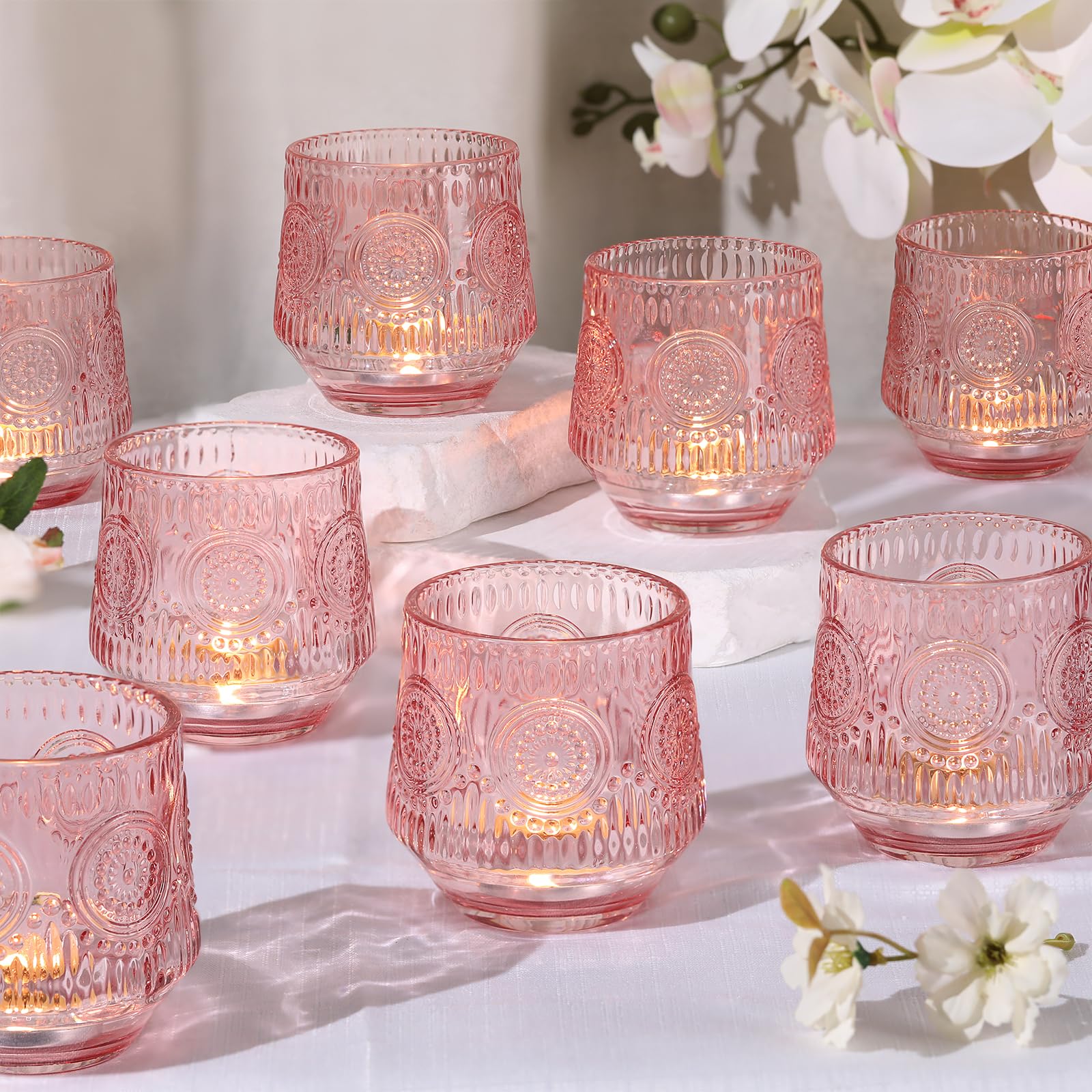 Photo 1 of 12pcs Large Pink Votive Candle Holders, 3.16"×3.16" Pink Candle Holder with Vintage Floral Design, Glass Votives for Baby Shower Centerpieces, Birthday, Bridal Shower Decorations