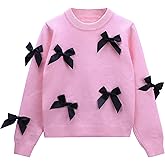 Danny D Girl' s Bow Crew Neck Pullover Sweaters Girl Children Long Sleeve Knitted Sweater (US, Age, 11 Years, 12 Years, Baby Pink)